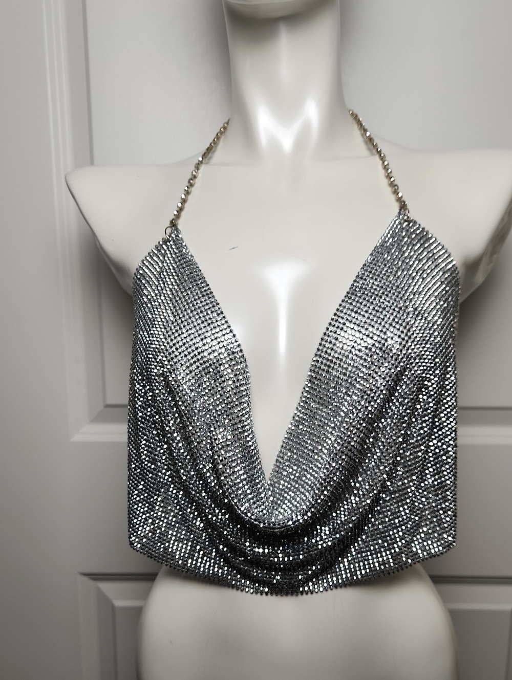 Sparkly Silver Top With Rhinestone Halter Neck Size Small